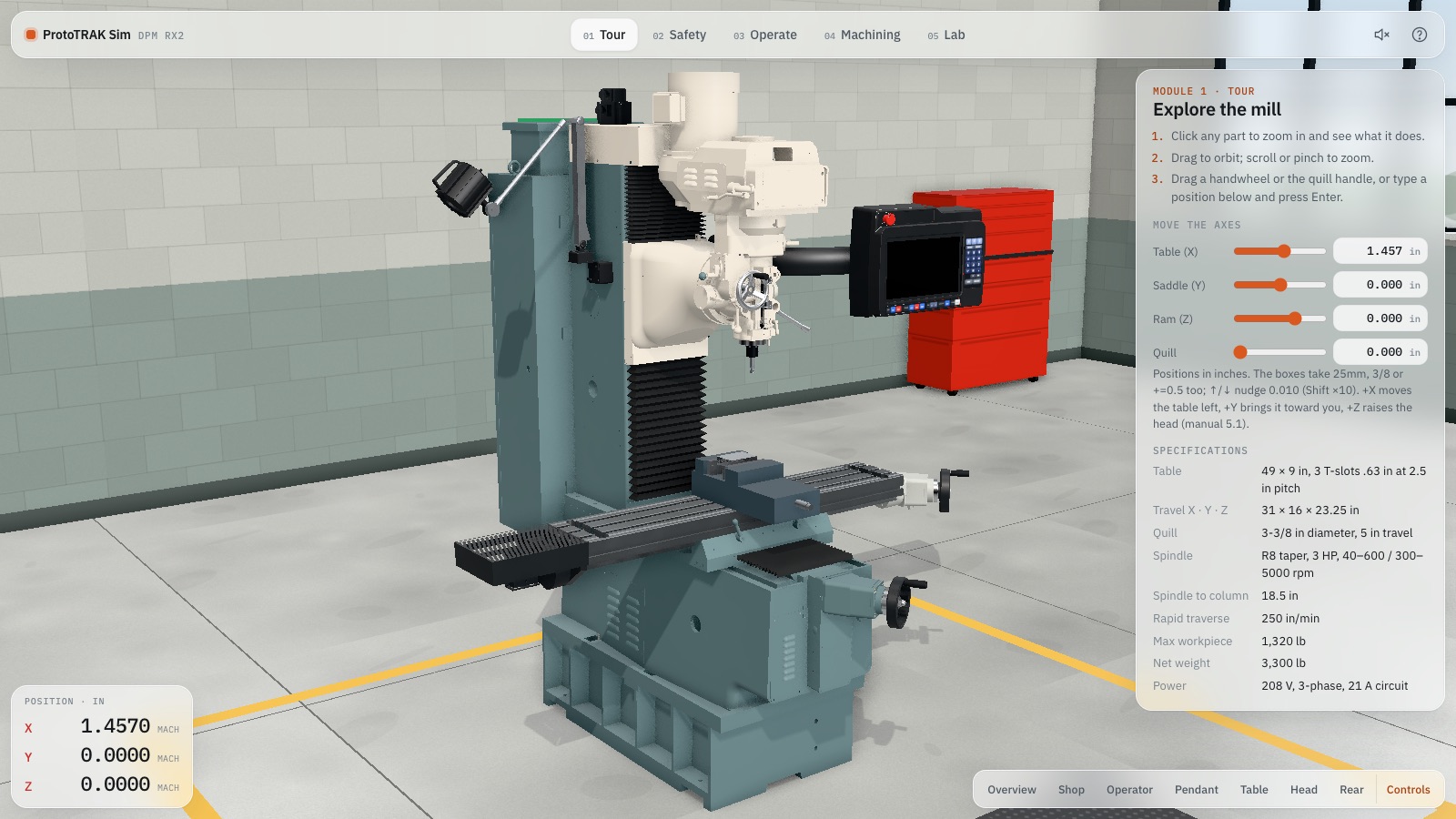 ProtoTRAK Sim: the TRAK bed mill and its control pendant in a 3D machine shop